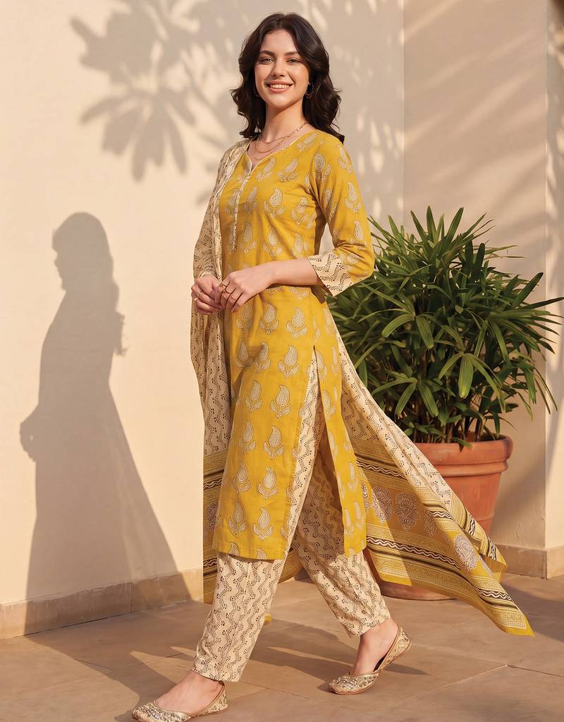 Mustard printed pure cotton kurta trouser dupatta set