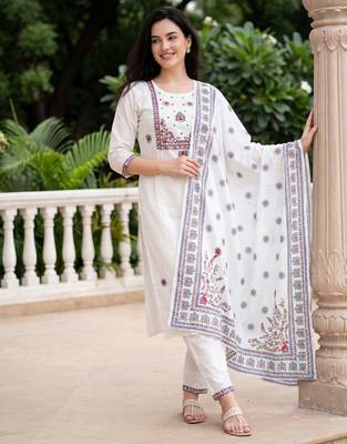 White embroidered pure cotton kurta trouser dupatta set 1