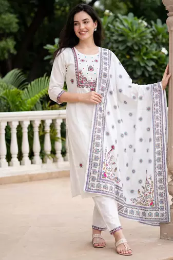 White embroidered pure cotton kurta trouser dupatta set