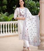 White embroidered pure cotton kurta trouser dupatta set
