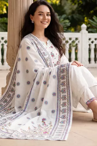 White embroidered pure cotton kurta trouser dupatta set