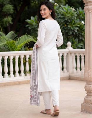 White embroidered pure cotton kurta trouser dupatta set 3
