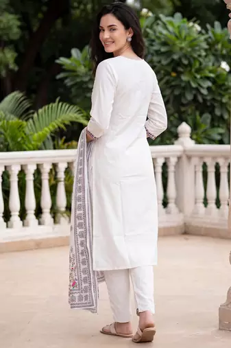 White embroidered pure cotton kurta trouser dupatta set