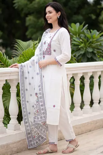 White embroidered pure cotton kurta trouser dupatta set
