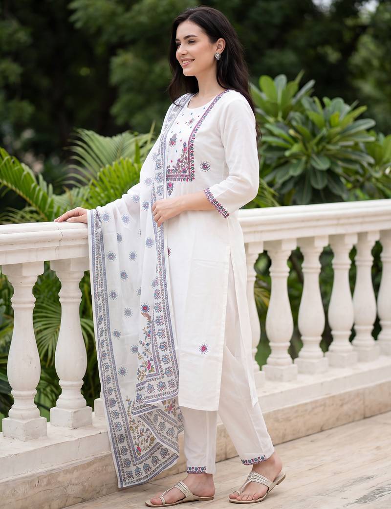 White embroidered pure cotton kurta trouser dupatta set