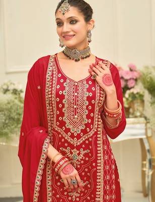 Red embroidered silk blend kurta trouser dupatta set 1