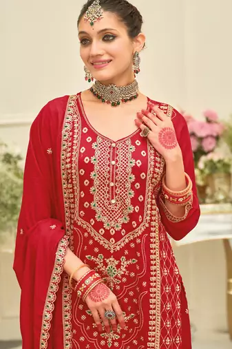 Red embroidered silk blend kurta trouser dupatta set