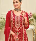 Red embroidered silk blend kurta trouser dupatta set