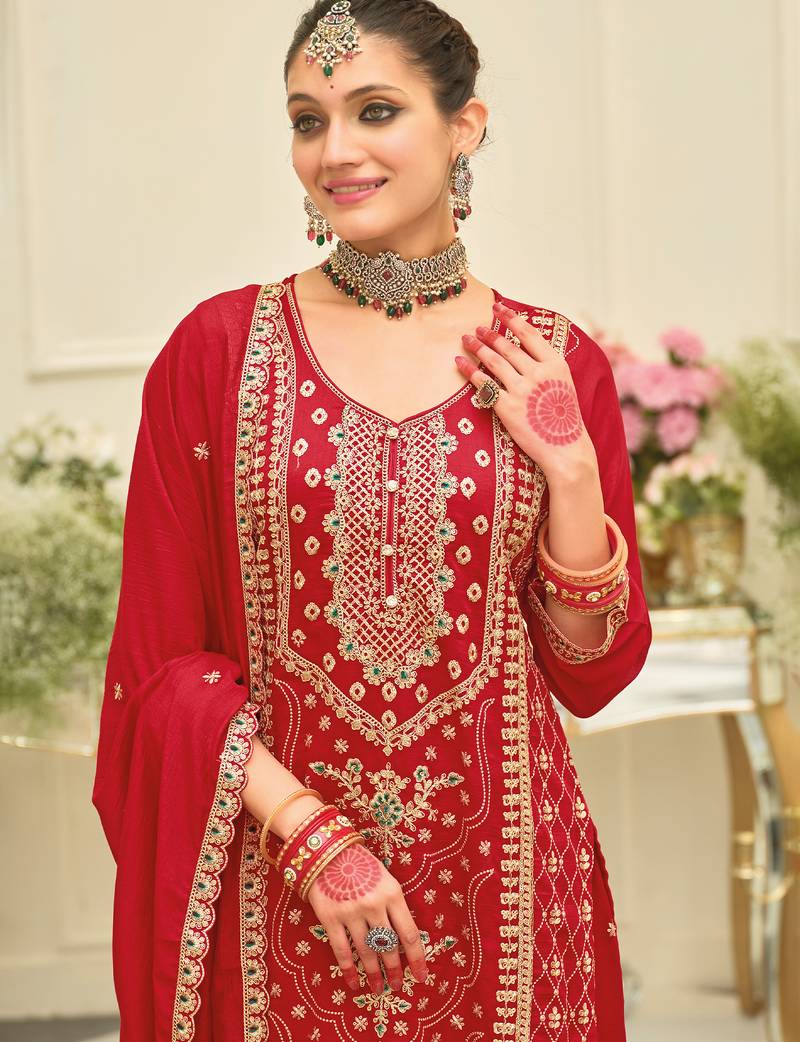 Red embroidered silk blend kurta trouser dupatta set