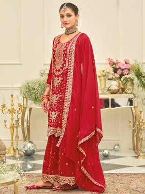 Red embroidered silk blend kurta trouser dupatta set 3