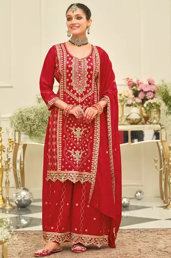 Red embroidered silk blend kurta trouser dupatta set
