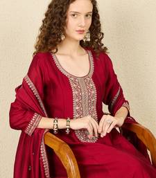 Maroon embroidered silk blend kurta trouser dupatta set