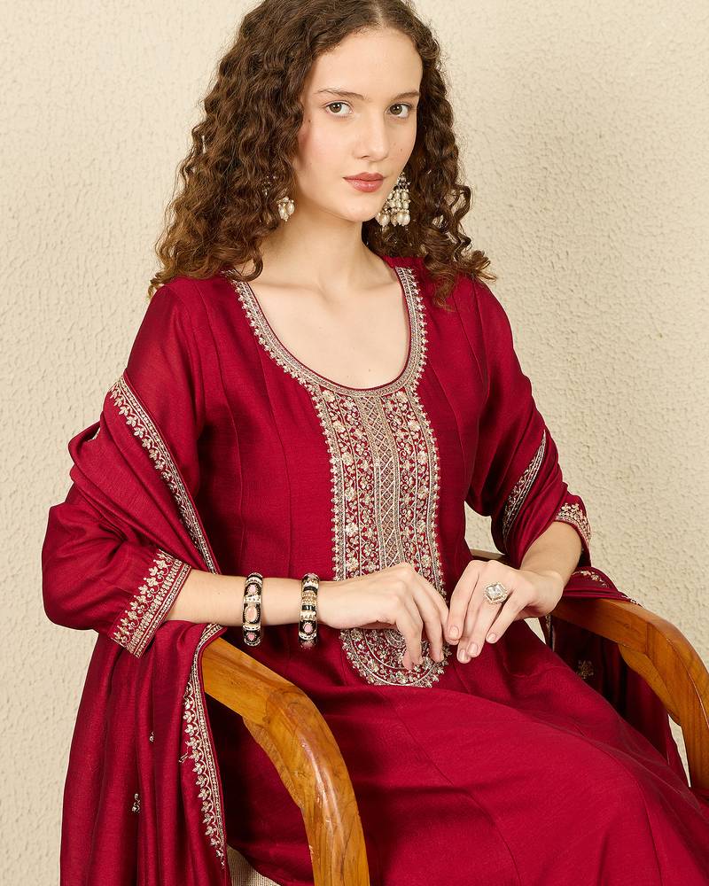 Maroon embroidered silk blend kurta trouser dupatta set