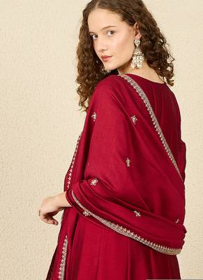 Maroon embroidered silk blend kurta trouser dupatta set 3