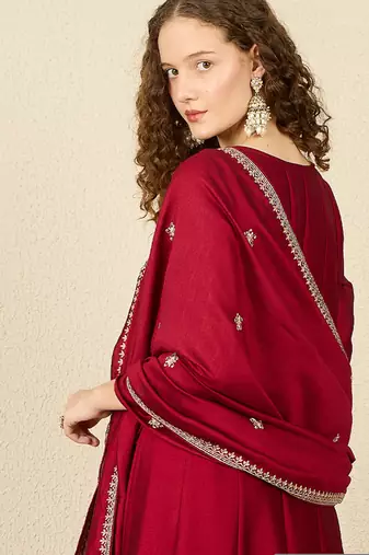 Maroon embroidered silk blend kurta trouser dupatta set