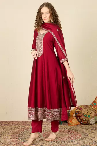 Maroon embroidered silk blend kurta trouser dupatta set