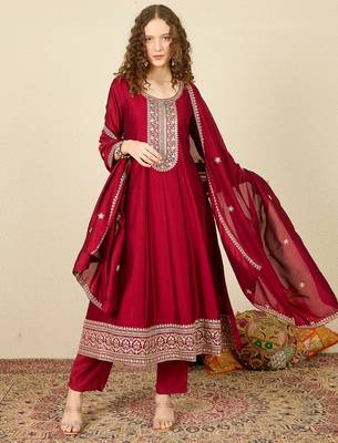 Maroon embroidered silk blend kurta trouser dupatta set 1