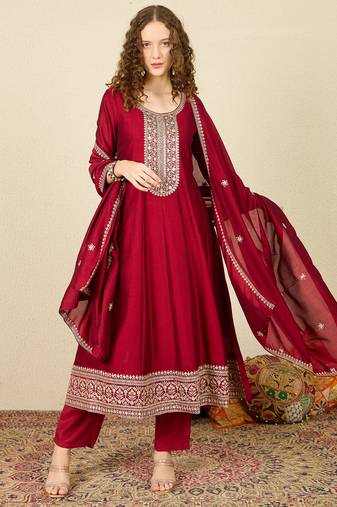 Maroon embroidered silk blend kurta trouser dupatta set