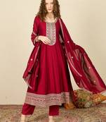Maroon embroidered silk blend kurta trouser dupatta set