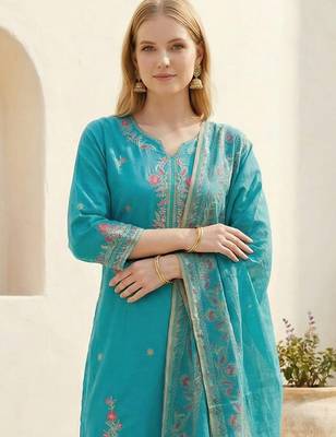 Blue embroidered viscose rayon kurta trouser dupatta set 2