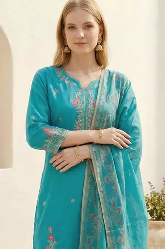 Blue embroidered viscose rayon kurta trouser dupatta set