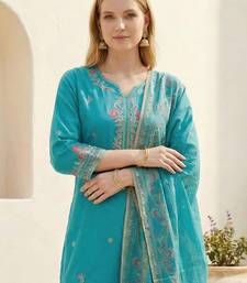 Blue embroidered viscose rayon kurta trouser dupatta set