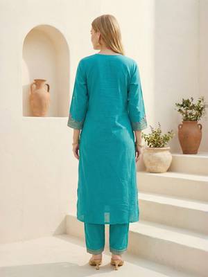 Blue embroidered viscose rayon kurta trouser dupatta set 3