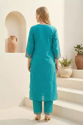 Blue embroidered viscose rayon kurta trouser dupatta set