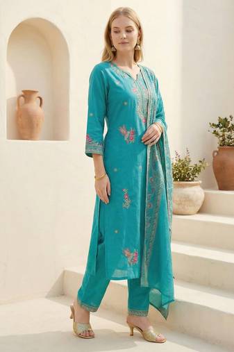 Blue embroidered viscose rayon kurta trouser dupatta set