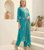 Blue embroidered viscose rayon kurta trouser dupatta set