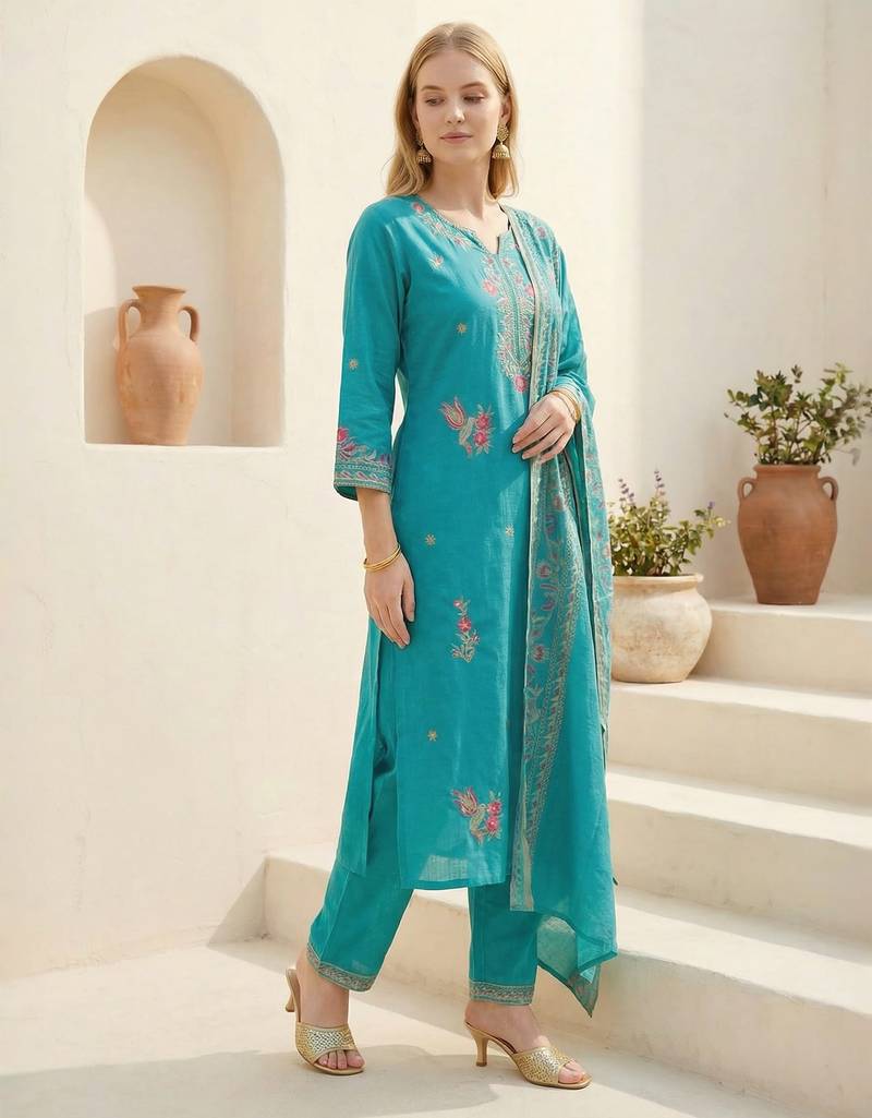 Blue embroidered viscose rayon kurta trouser dupatta set