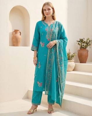 Blue embroidered viscose rayon kurta trouser dupatta set 4