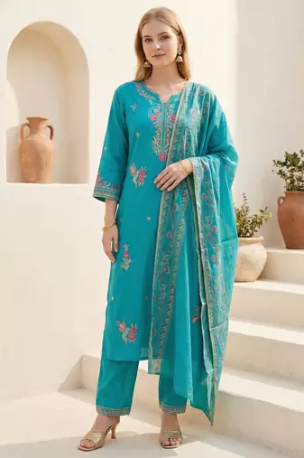 Blue embroidered viscose rayon kurta trouser dupatta set