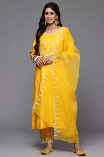 Yellow embroidered liva kurta trouser dupatta set