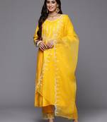 Yellow embroidered liva kurta trouser dupatta set
