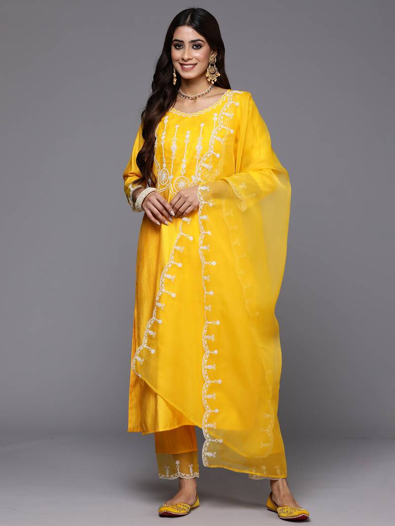 Yellow embroidered liva kurta trouser dupatta set