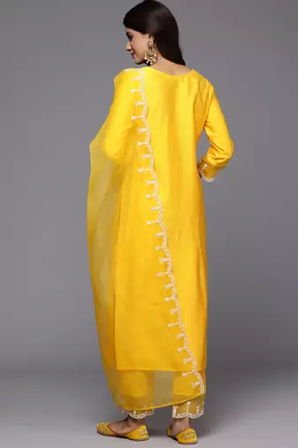Yellow embroidered liva kurta trouser dupatta set