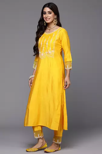 Yellow embroidered liva kurta trouser dupatta set