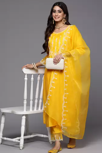 Yellow embroidered liva kurta trouser dupatta set