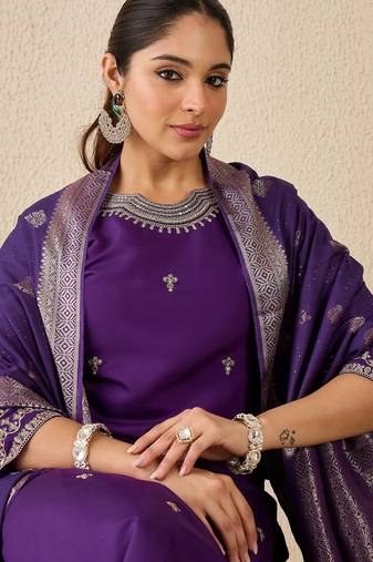 Purple embroidered silk blend kurta trouser dupatta set