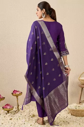 Purple embroidered silk blend kurta trouser dupatta set