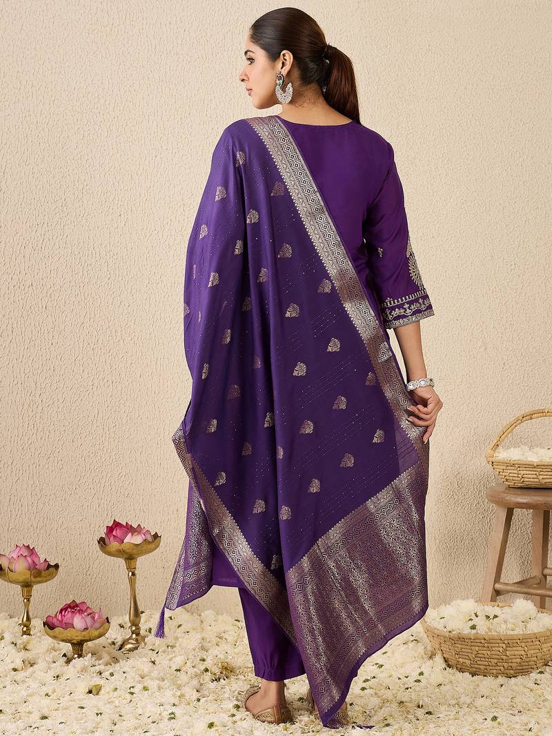 Purple embroidered silk blend kurta trouser dupatta set