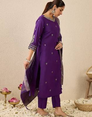 Purple embroidered silk blend kurta trouser dupatta set 3