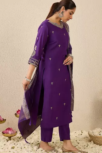 Purple embroidered silk blend kurta trouser dupatta set