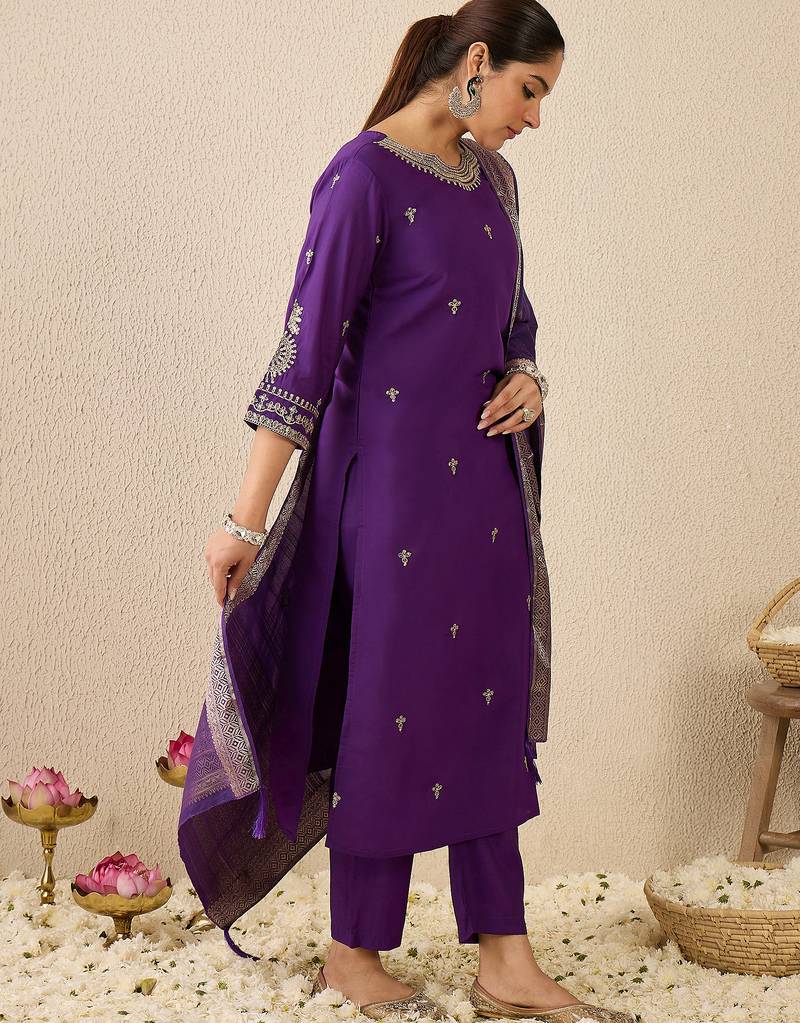 Purple embroidered silk blend kurta trouser dupatta set
