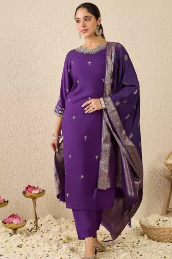 Purple embroidered silk blend kurta trouser dupatta set