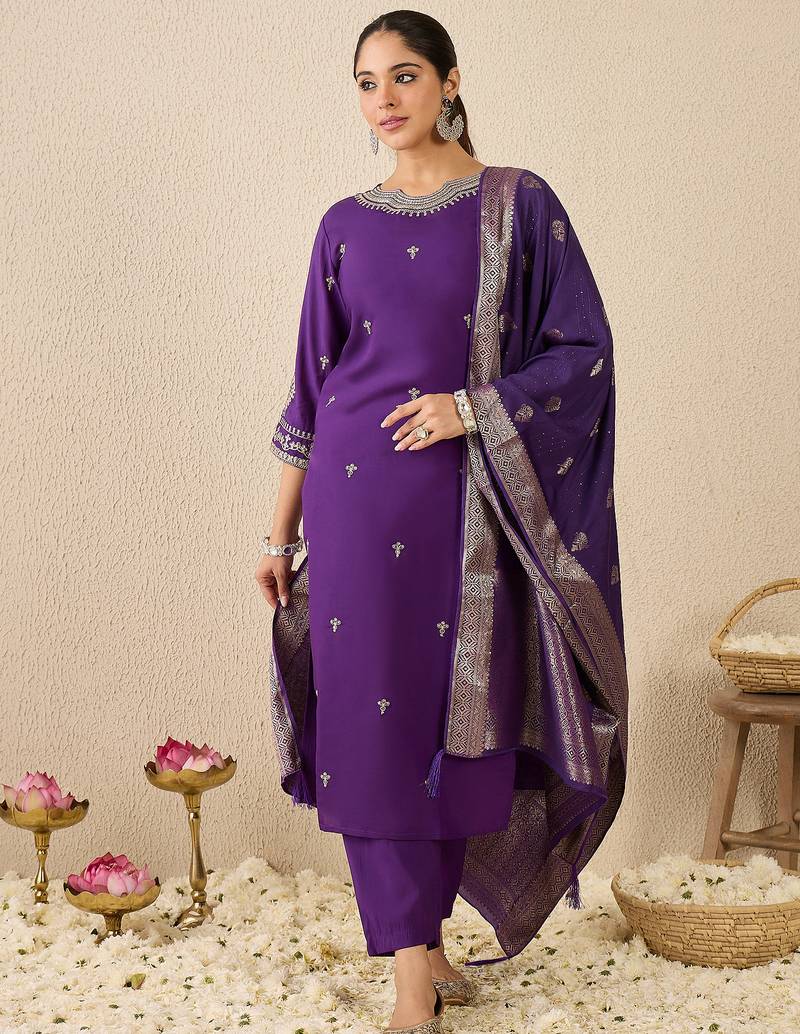 Purple embroidered silk blend kurta trouser dupatta set