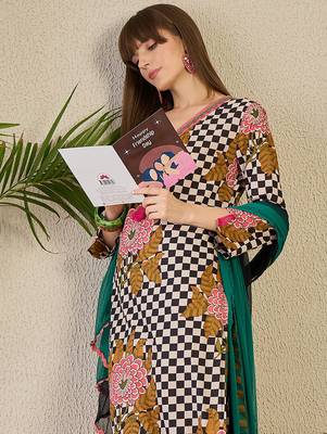 Multicolor printed pure cotton kurta trouser dupatta set 1