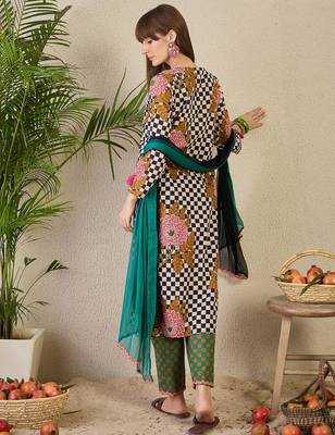Multicolor printed pure cotton kurta trouser dupatta set 2
