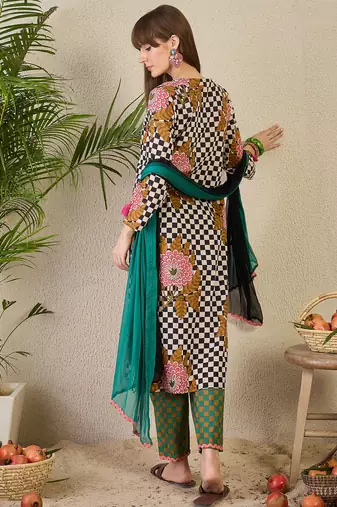Multicolor printed pure cotton kurta trouser dupatta set